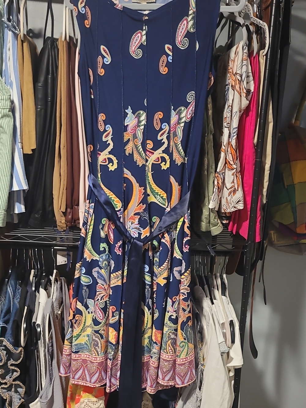 Haani Navy Paisley-Print Tie-Waist Midi Dress